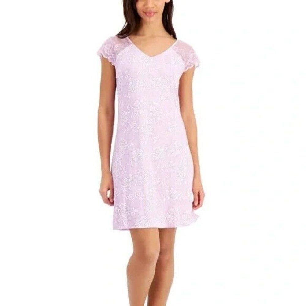 Charter Club Purple Chainstitch Floral Lace-Sleeve Chemise Nightgown XS NWT